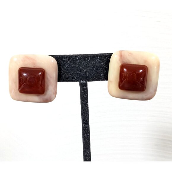 Vintage Faux Amber Lucite Square Geometric Earrings Bold Statement - Picture 1 of 7